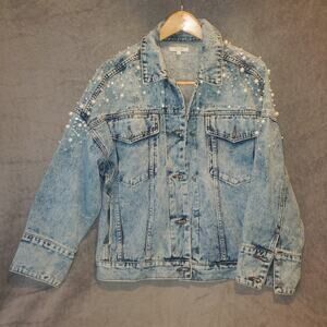 Pearl Studded Light Wash Denim Veveret Jacket Women’s Size L Jean Coat